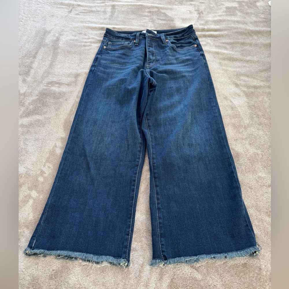 RFM Los Angeles Wide Leg Cropped Jeans Frayed Hem Dark Wash Size 9/29